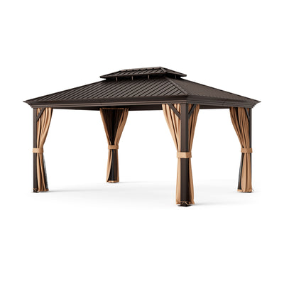 *12' x 16' Double-Roof Hardtop Gazebo with Galvanized Steel Roof - Coffee