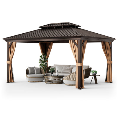 *12' x 16' Double-Roof Hardtop Gazebo with Galvanized Steel Roof - Coffee