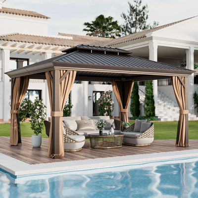 *12' x 16' Double-Roof Hardtop Gazebo with Galvanized Steel Roof - Coffee