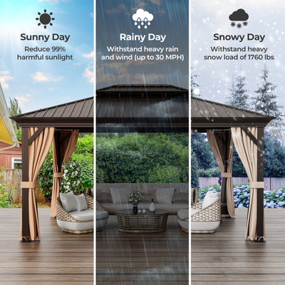 *12' x 16' Double-Roof Hardtop Gazebo with Galvanized Steel Roof - Coffee