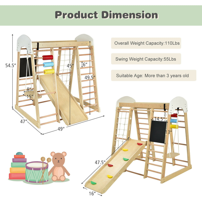 Indoor Playground Climbing Gym Wooden 8-in-1 Climber Playset for Children-Natural