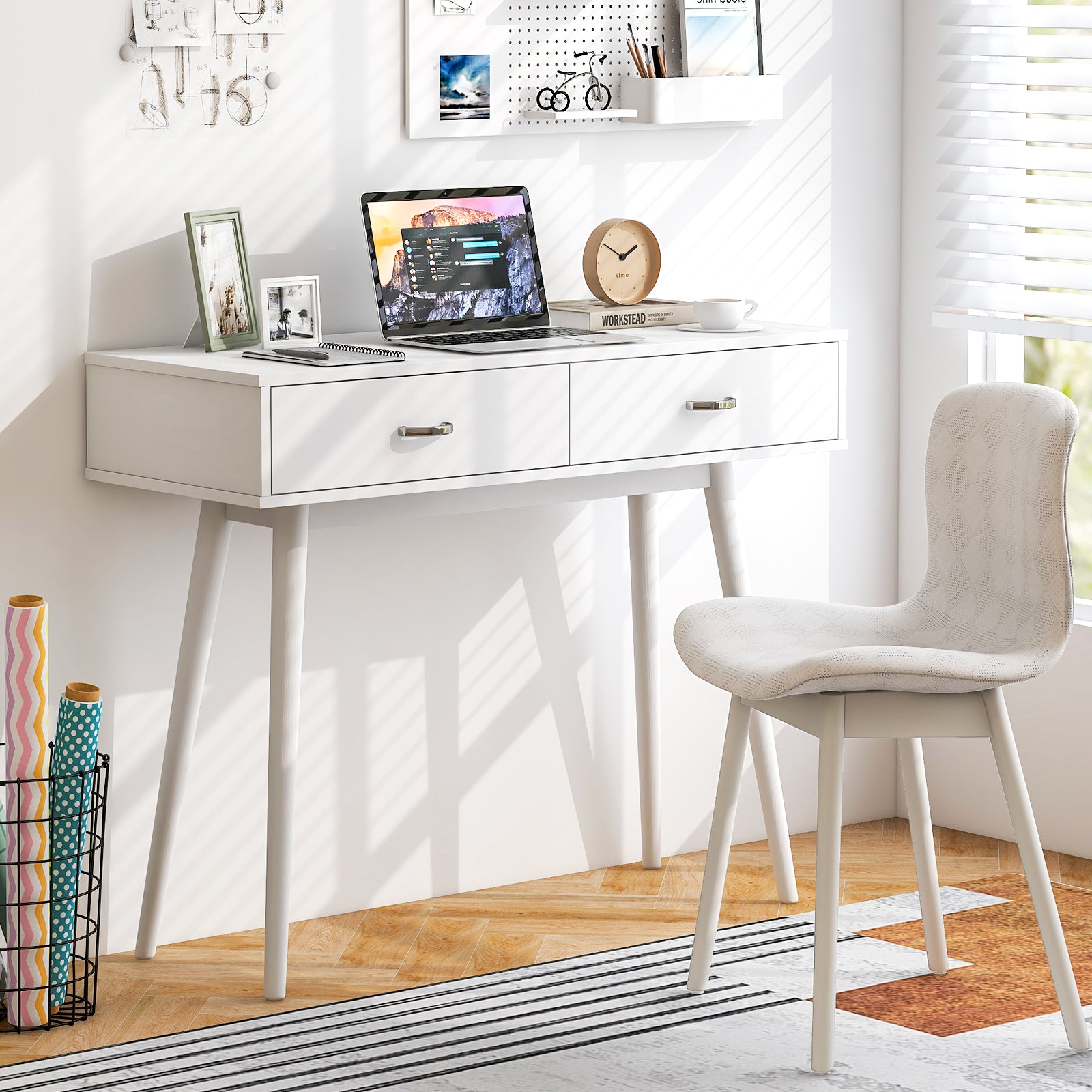 Writing Study Desk with Solid Rubber Wood Legs and Storage for Study L