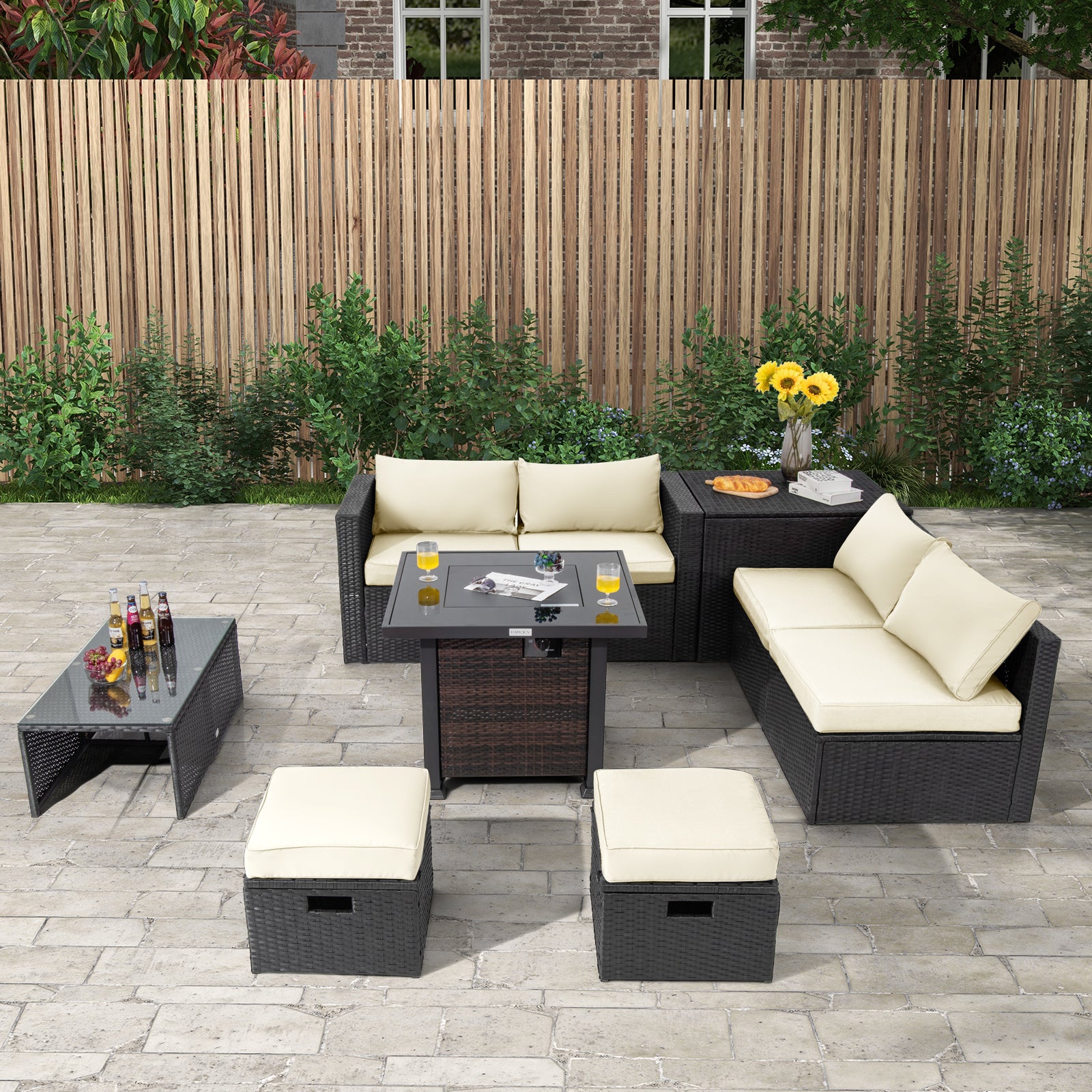 9 Pieces Patio Furniture Set with 32” Fire Pit Table and 50000 BTU Squ