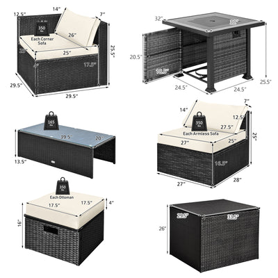 9 Pieces Patio Furniture Set with 32” Fire Pit Table and 50000 BTU Square Propane Fire Pit-White