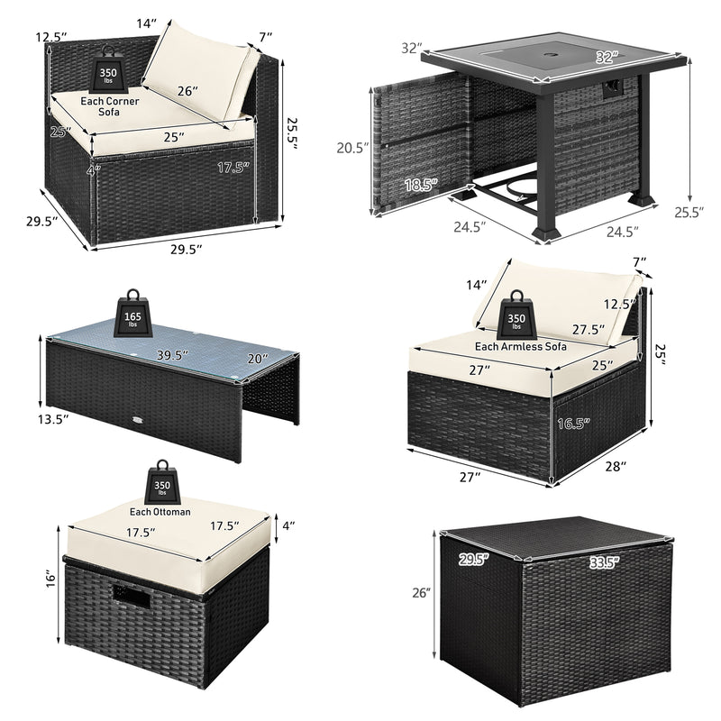 9 Pieces Patio Furniture Set with 32” Fire Pit Table and 50000 BTU Square Propane Fire Pit-White
