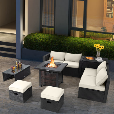 9 Pieces Patio Furniture Set with 32” Fire Pit Table and 50000 BTU Square Propane Fire Pit-White