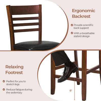 Set of 2 Counter Height Bar Chair Kitchen Island Stool with Backrest and Footrest-Walnut