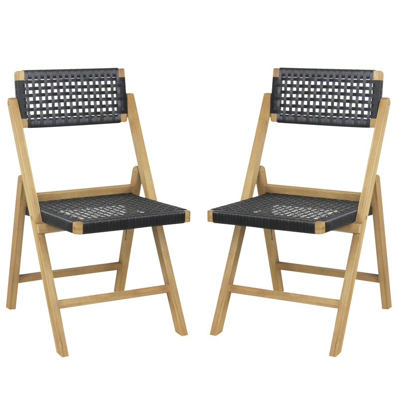 Set of 2 Folding Chairs Indonesia Teak Wood Dining Chairs with Woven Rope Seat and Back