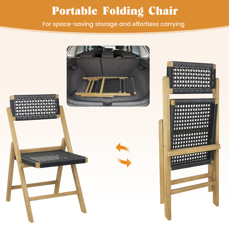 Set of 2 Folding Chairs Indonesia Teak Wood Dining Chairs with Woven Rope Seat and Back