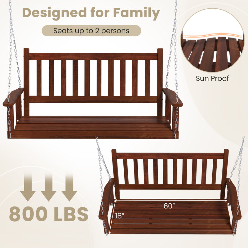 3-Person Wooden Outdoor Porch Swing with 800 lbs Weight Capacity-Brown