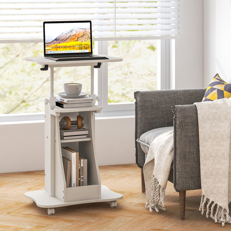 Mobile Podium Stand Height Adjustable Laptop Cart with Tilting Tabletop and Storage Compartments-White