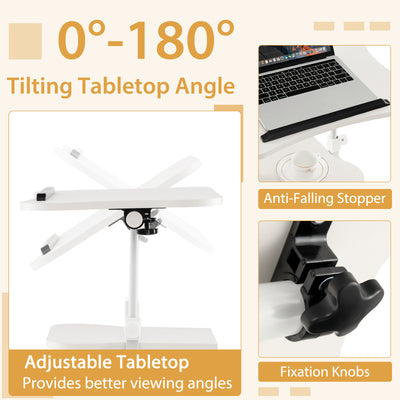 Mobile Podium Stand Height Adjustable Laptop Cart with Tilting Tabletop and Storage Compartments-White