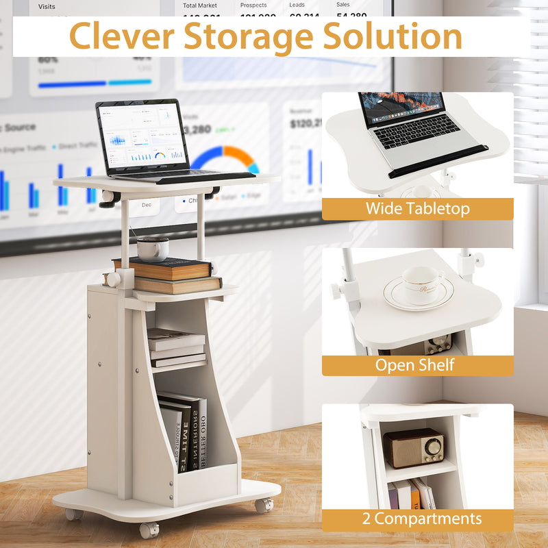 Mobile Podium Stand Height Adjustable Laptop Cart with Tilting Tabletop and Storage Compartments-White