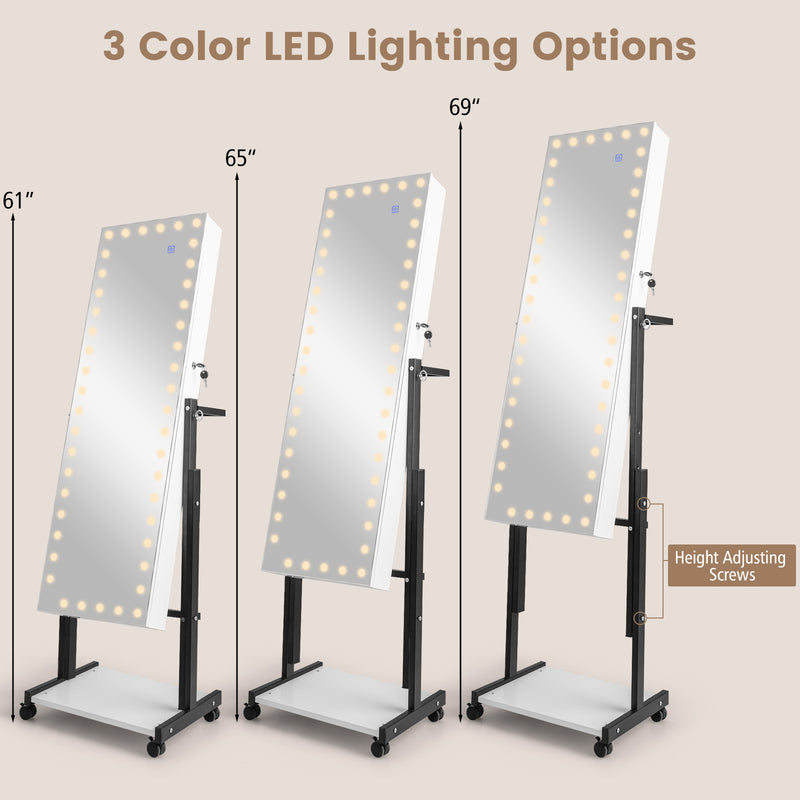 3-Color 46 LED Lights Mirror Jewelry Cabinet Armoire Adjustable Height with Wheels-White