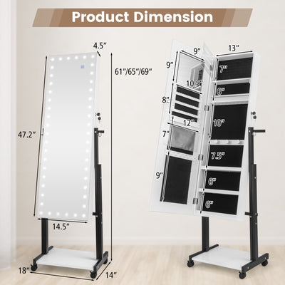 3-Color 46 LED Lights Mirror Jewelry Cabinet Armoire Adjustable Height with Wheels-White