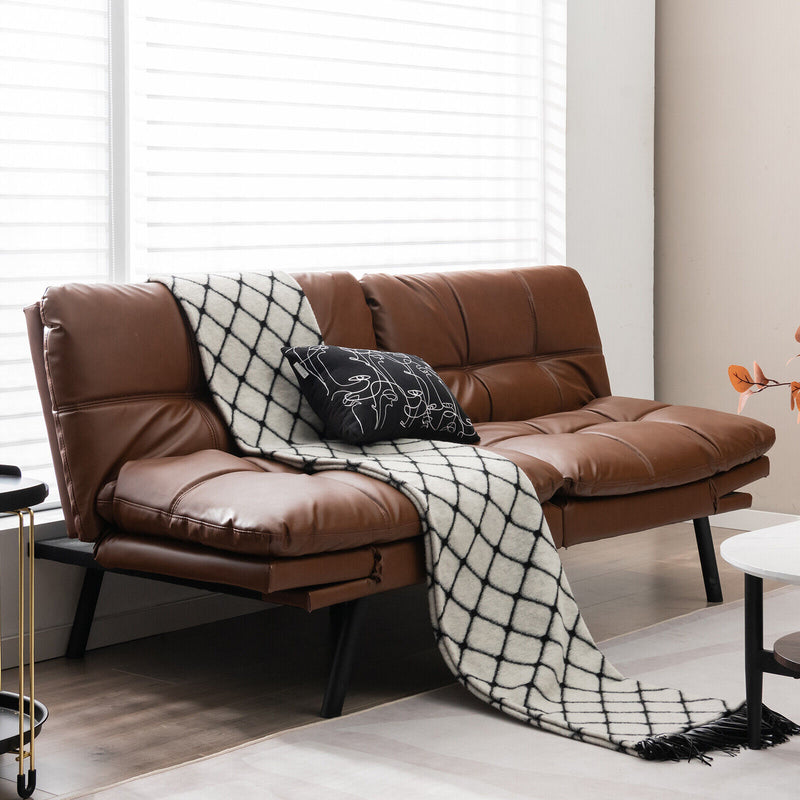 *Convertible Memory Foam Futon Sofa Bed with Adjustable Armrest - Brown