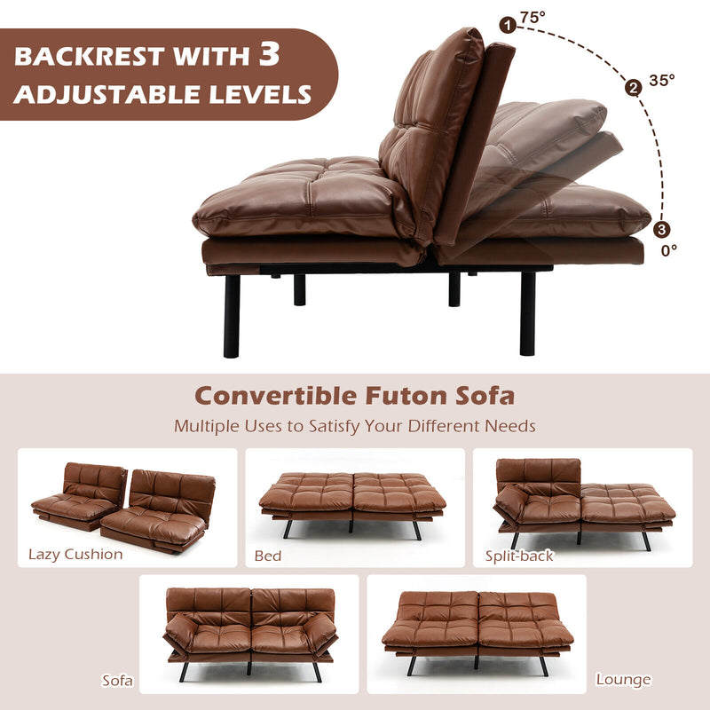 *Convertible Memory Foam Futon Sofa Bed with Adjustable Armrest - Brown