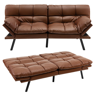 *Convertible Memory Foam Futon Sofa Bed with Adjustable Armrest - Brown