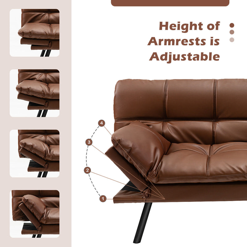 *Convertible Memory Foam Futon Sofa Bed with Adjustable Armrest - Brown