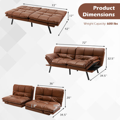 *Convertible Memory Foam Futon Sofa Bed with Adjustable Armrest - Brown