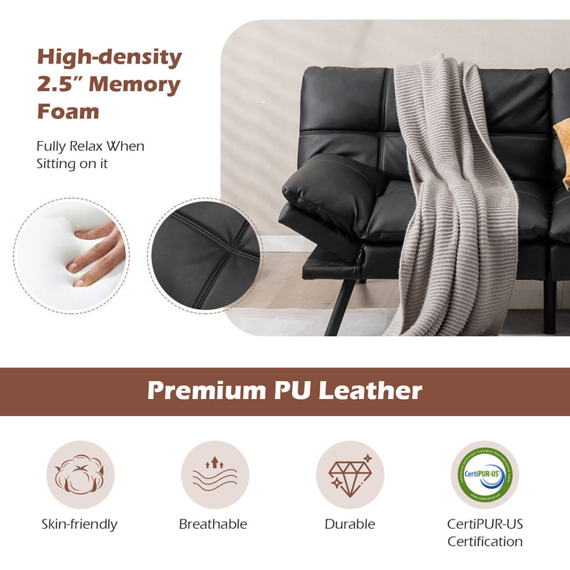 *Convertible Memory Foam Futon Sofa Bed with Adjustable Armrest - Black