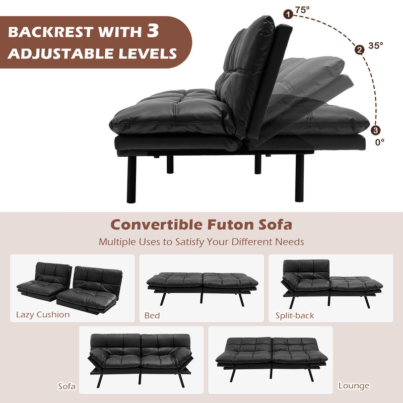 *Convertible Memory Foam Futon Sofa Bed with Adjustable Armrest - Black