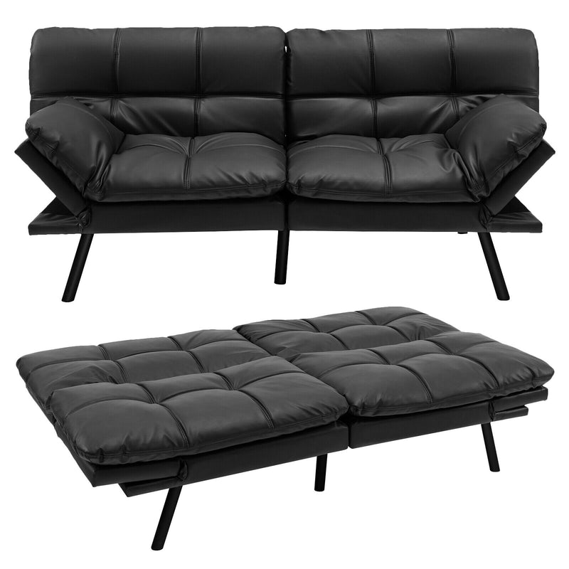 *Convertible Memory Foam Futon Sofa Bed with Adjustable Armrest - Black