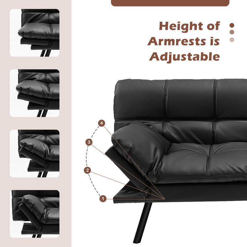 *Convertible Memory Foam Futon Sofa Bed with Adjustable Armrest - Black