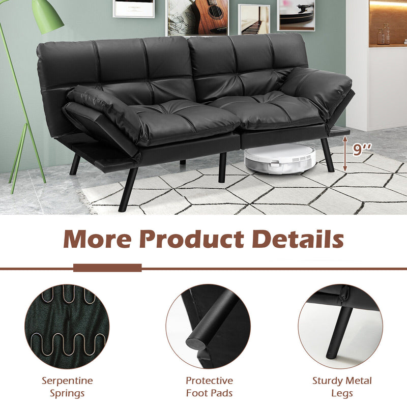 *Convertible Memory Foam Futon Sofa Bed with Adjustable Armrest - Black