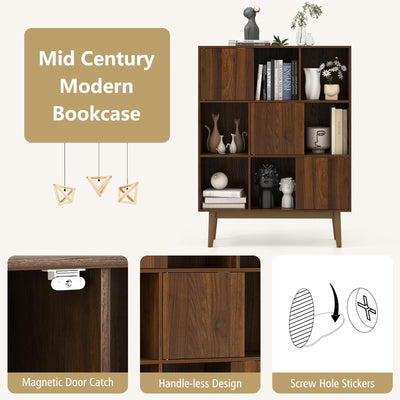 9-Cube Bookshelf with Open Shelves and 3 Door for Home Office-Walnut