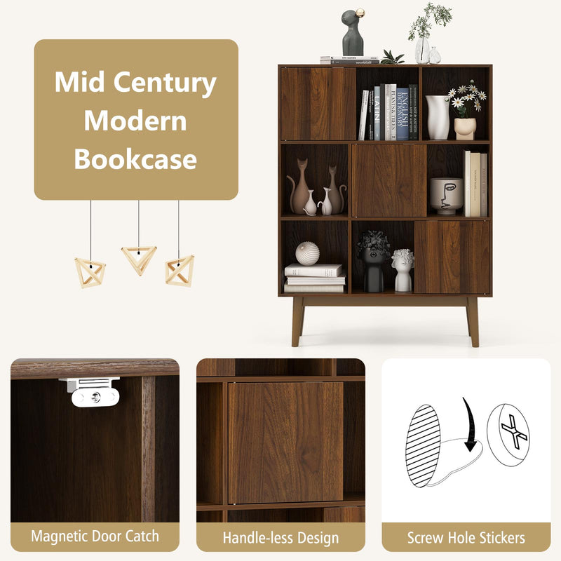 9-Cube Bookshelf with Open Shelves and 3 Door for Home Office-Walnut
