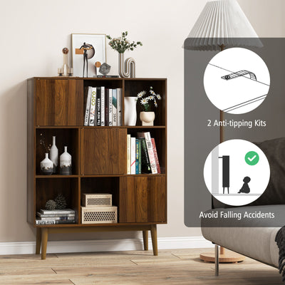 9-Cube Bookshelf with Open Shelves and 3 Door for Home Office-Walnut