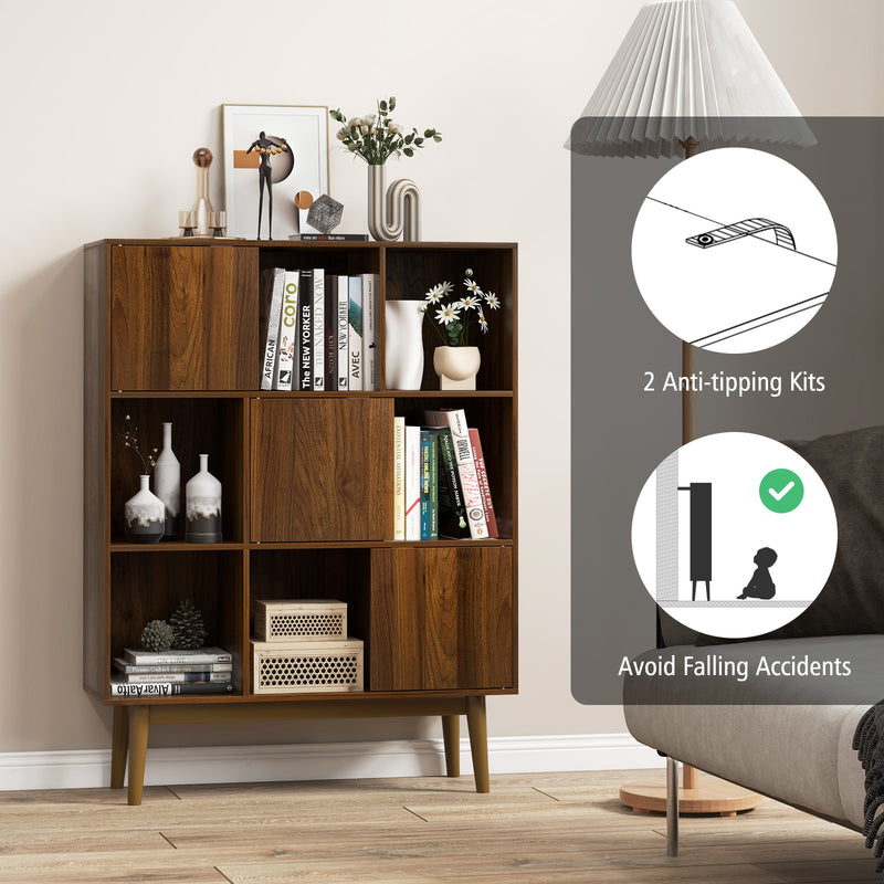 9-Cube Bookshelf with Open Shelves and 3 Door for Home Office-Walnut
