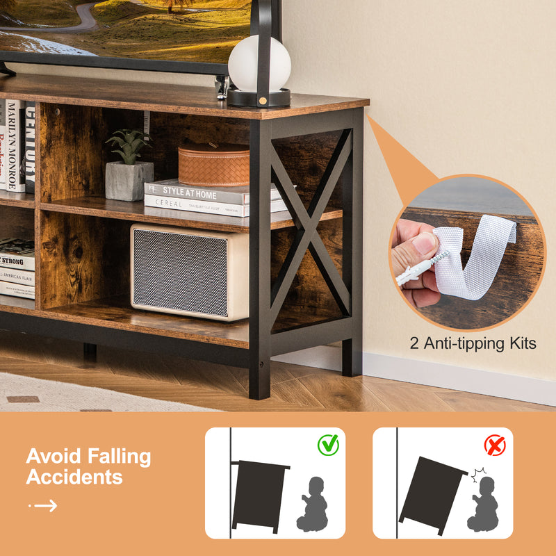 Wooden TV Stand Entertainment for TVs up to 55 Inch with X-Shaped Frame-Rustic Brown