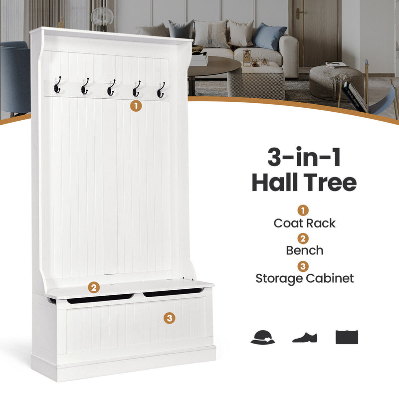 3-in-1 Entryway Hall Tree Coat Rack Shoe Bench with Hooks and Bottom Storage-White