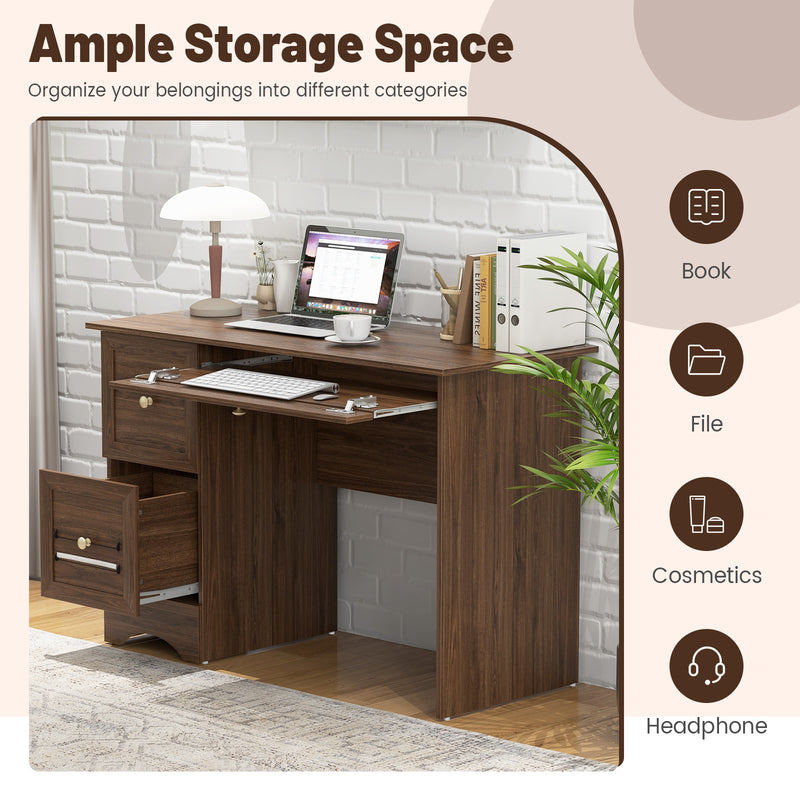 Wooden Vintage Computer Desk with 3 Drawers for Home and Office-Walnut