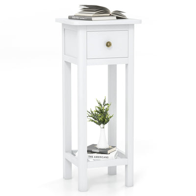 2 Tier Slim Nightstand Bedside Table with Drawer Shelf-White