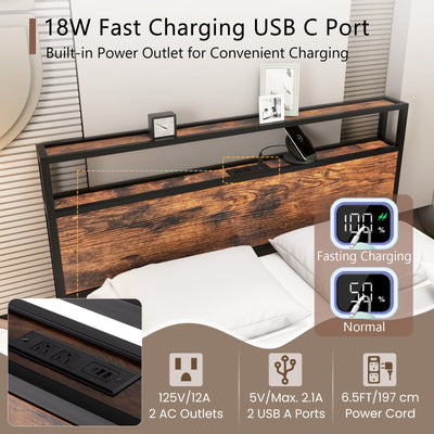 Twin/Full/Queen Bed Frame with Storage Headboard and Charging Station-Full Size