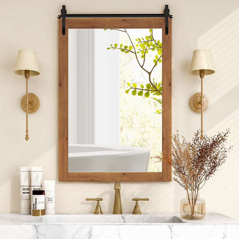 40 x 25 Inch Farmhouse Bathroom Mirror with Wooden Frame and Metal Bracket-Brown