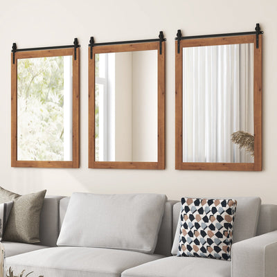 40 x 25 Inch Farmhouse Bathroom Mirror with Wooden Frame and Metal Bracket-Brown