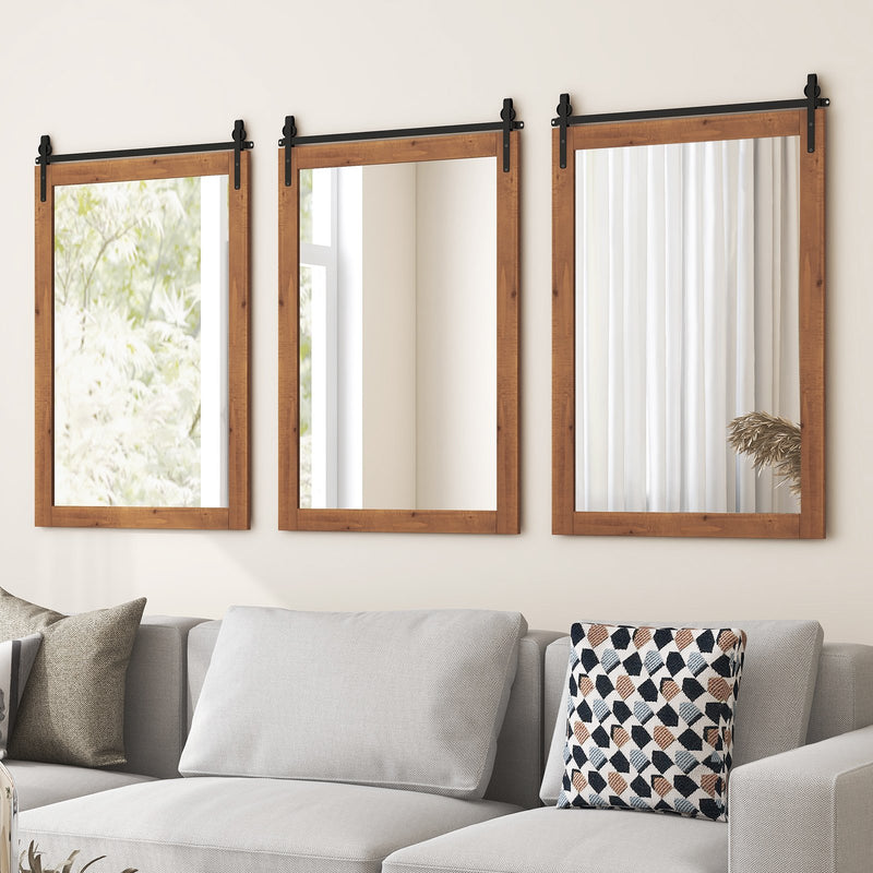 40 x 25 Inch Farmhouse Bathroom Mirror with Wooden Frame and Metal Bracket-Brown