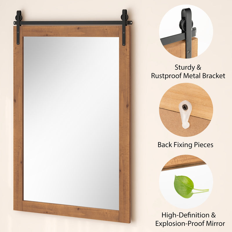40 x 25 Inch Farmhouse Bathroom Mirror with Wooden Frame and Metal Bracket-Brown