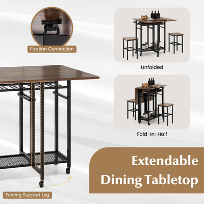 3 Piece Dining Table Set with 6-Bottle Wine Rack-Brown