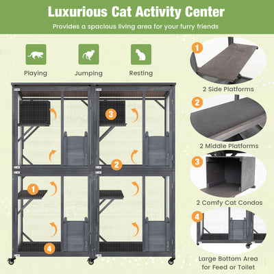 72 Inch Large Wooden Cat House Catio Kitten Enclosure on Wheels with Weatherproof Asphalt Roof-Gray