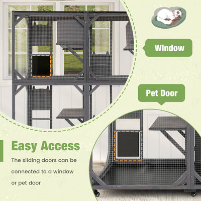 72 Inch Large Wooden Cat House Catio Kitten Enclosure on Wheels with Weatherproof Asphalt Roof-Gray