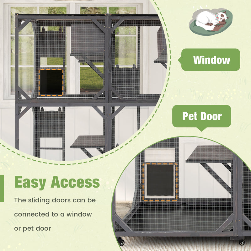 72 Inch Large Wooden Cat House Catio Kitten Enclosure on Wheels with Weatherproof Asphalt Roof-Gray