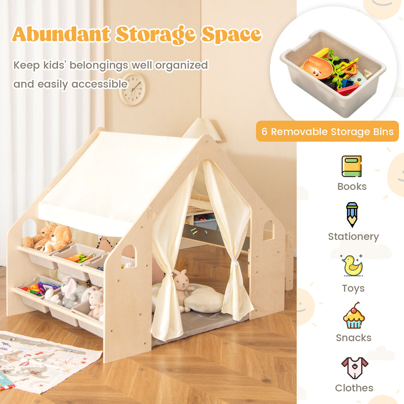 *6-in-1 Kids Play Tent Playhouse with Blackboard 6 Storage Bins and Floor Cushion - Beige