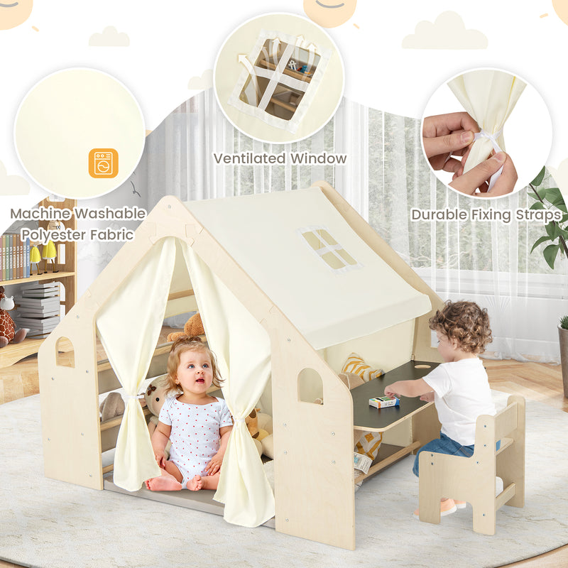 *6-in-1 Kids Play Tent Playhouse with Blackboard 6 Storage Bins and Floor Cushion - Beige