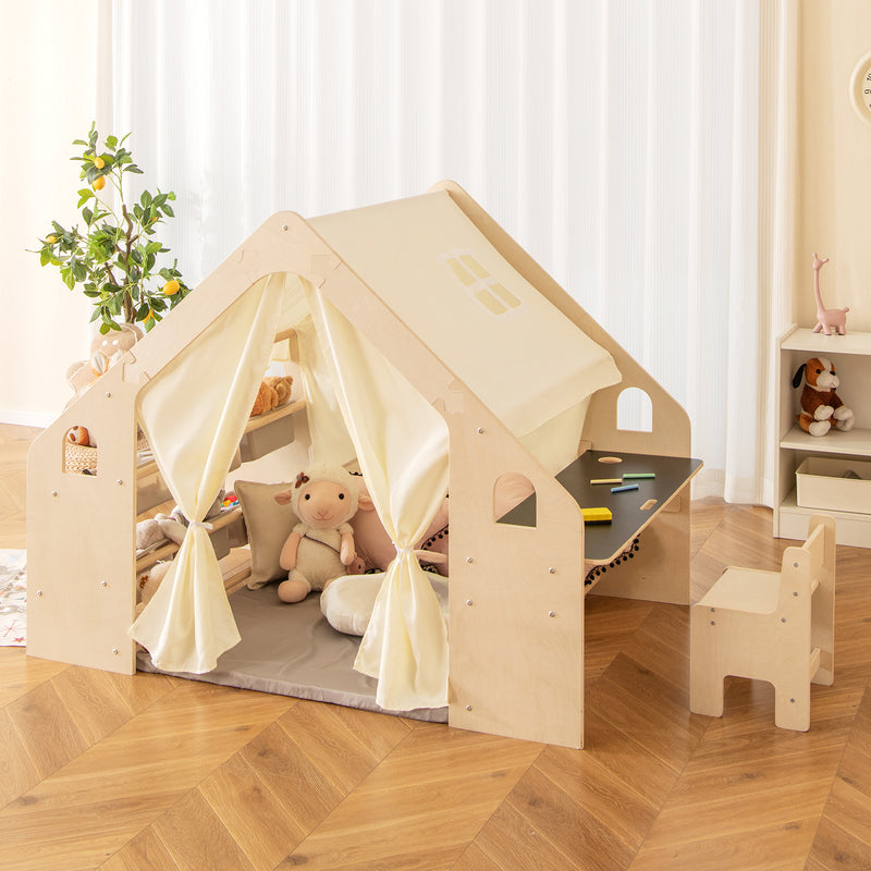 *6-in-1 Kids Play Tent Playhouse with Blackboard 6 Storage Bins and Floor Cushion - Beige