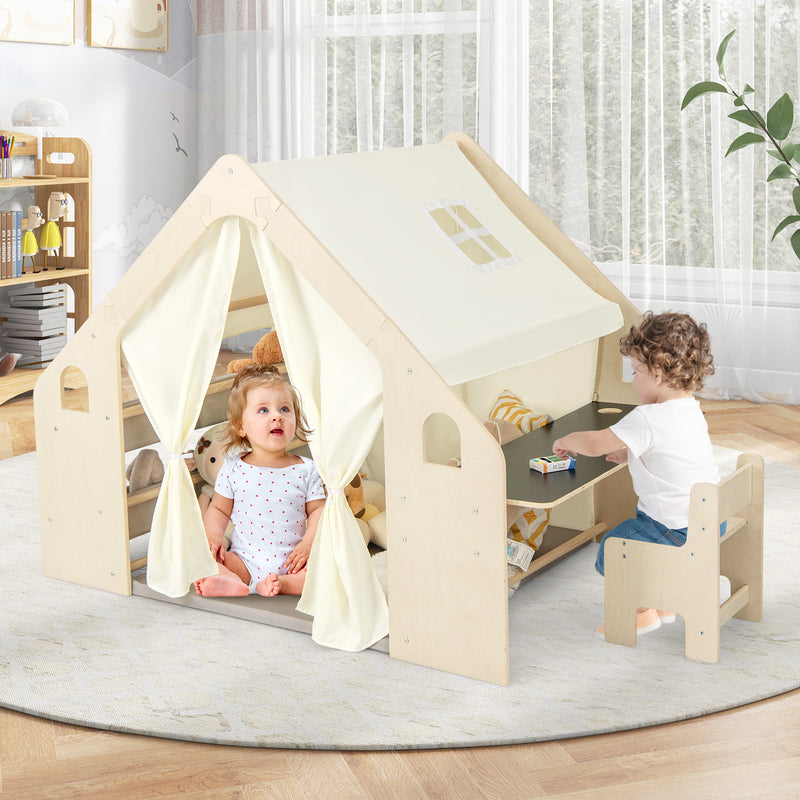 *6-in-1 Kids Play Tent Playhouse with Blackboard 6 Storage Bins and Floor Cushion - Beige